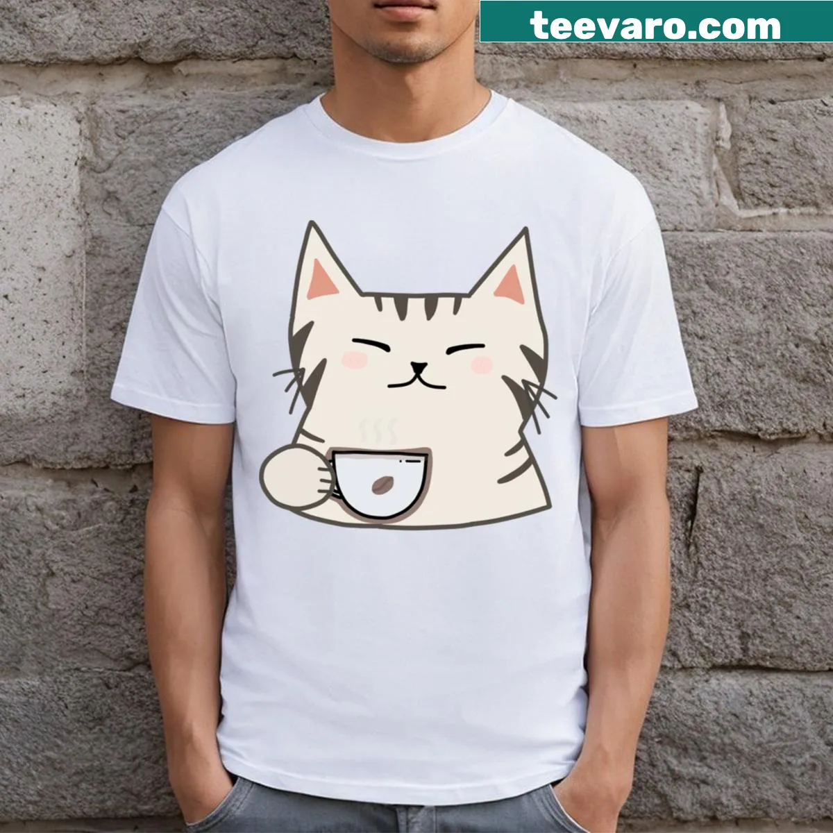 Cartoon cat in a coffee cup on a cute T-shirt — on a men's t-shirt