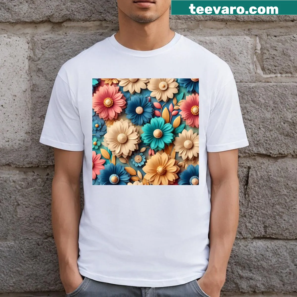 Illustrated flower design T-shirt featuring a colorful array of blooms — on a men's t-shirt