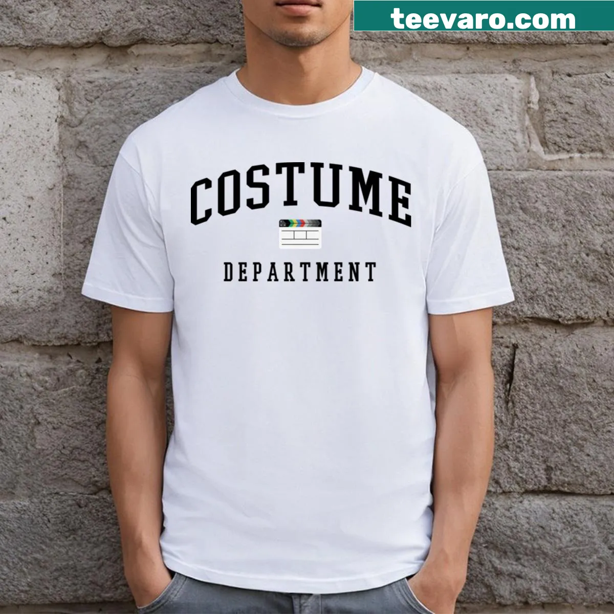Varsity style wordmark graphic on a black T-shirt — on a men's t-shirt