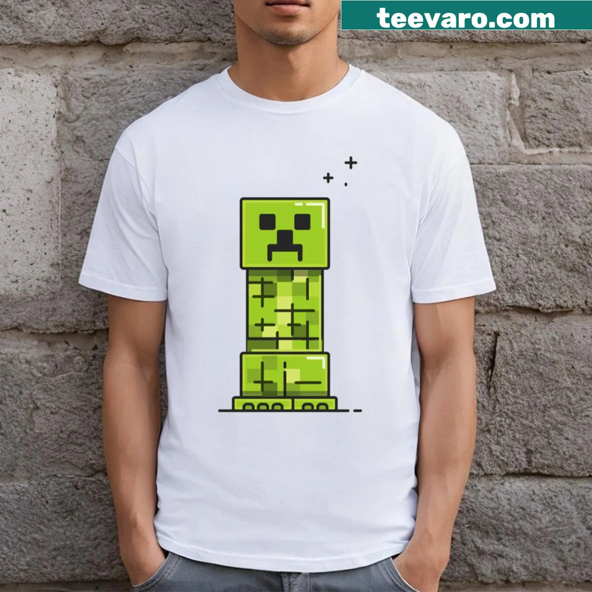 Creeper T-shirt featuring a cartoon-style Creeper character from a popular game — on a men's t-shirt