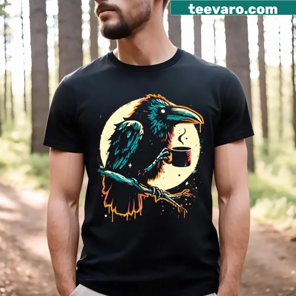 Whimsical t-shirt with a crow drinking coffee illustration