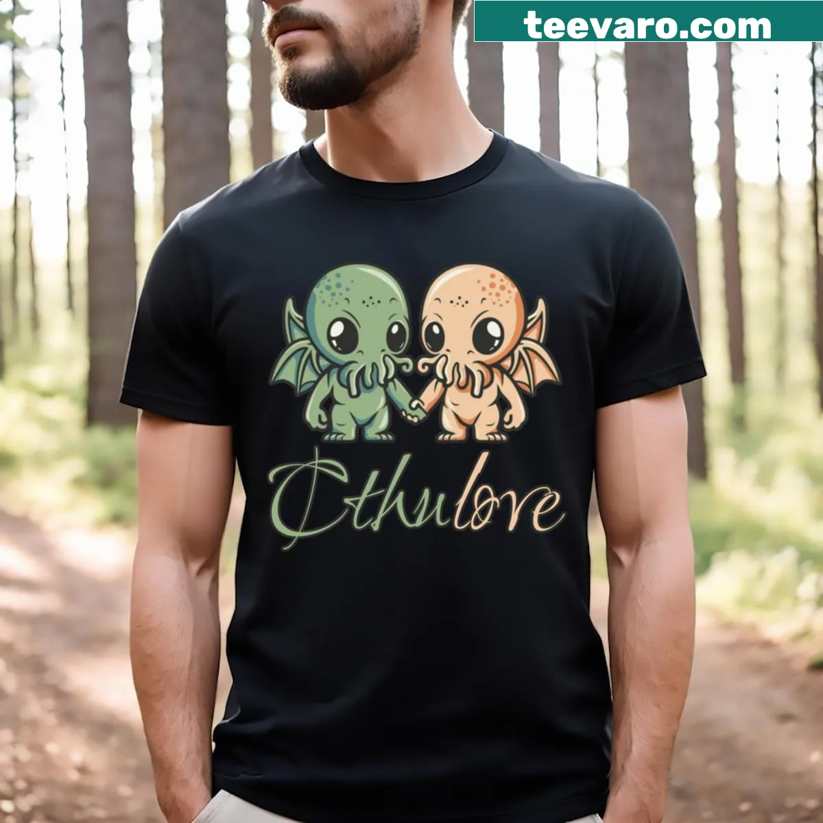 Cthullove T-shirt with Cthulhus holding hands in playful design. — on a men's t-shirt