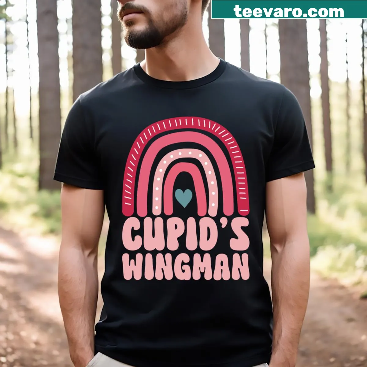Funny Cupid's Wingman T-shirt with playful text for Valentine's Day — on a men's t-shirt
