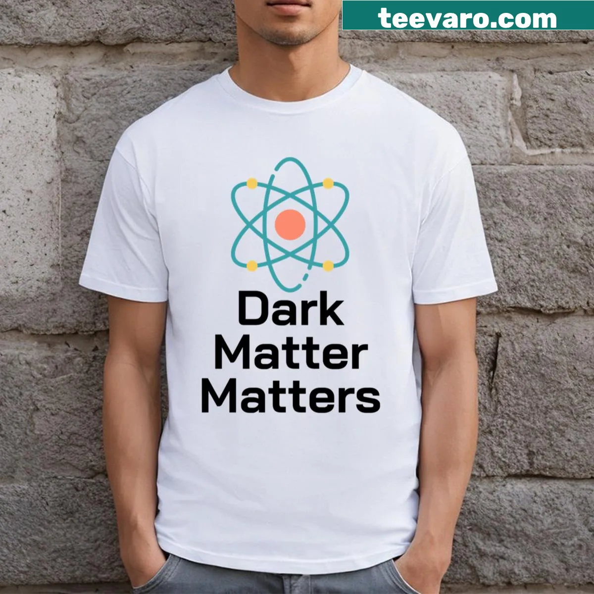 Bold typography t-shirt featuring the phrase 'Dark Matter Matters' — on a men's t-shirt