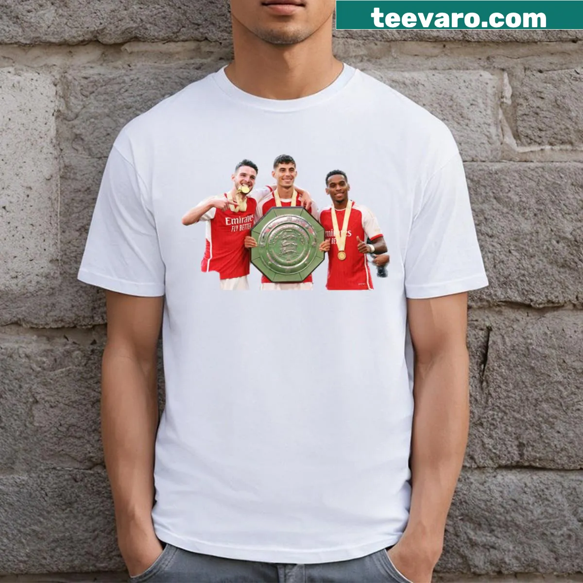 Arsenal T-shirt featuring players Rice, Havertz, and Timber — on a men's t-shirt