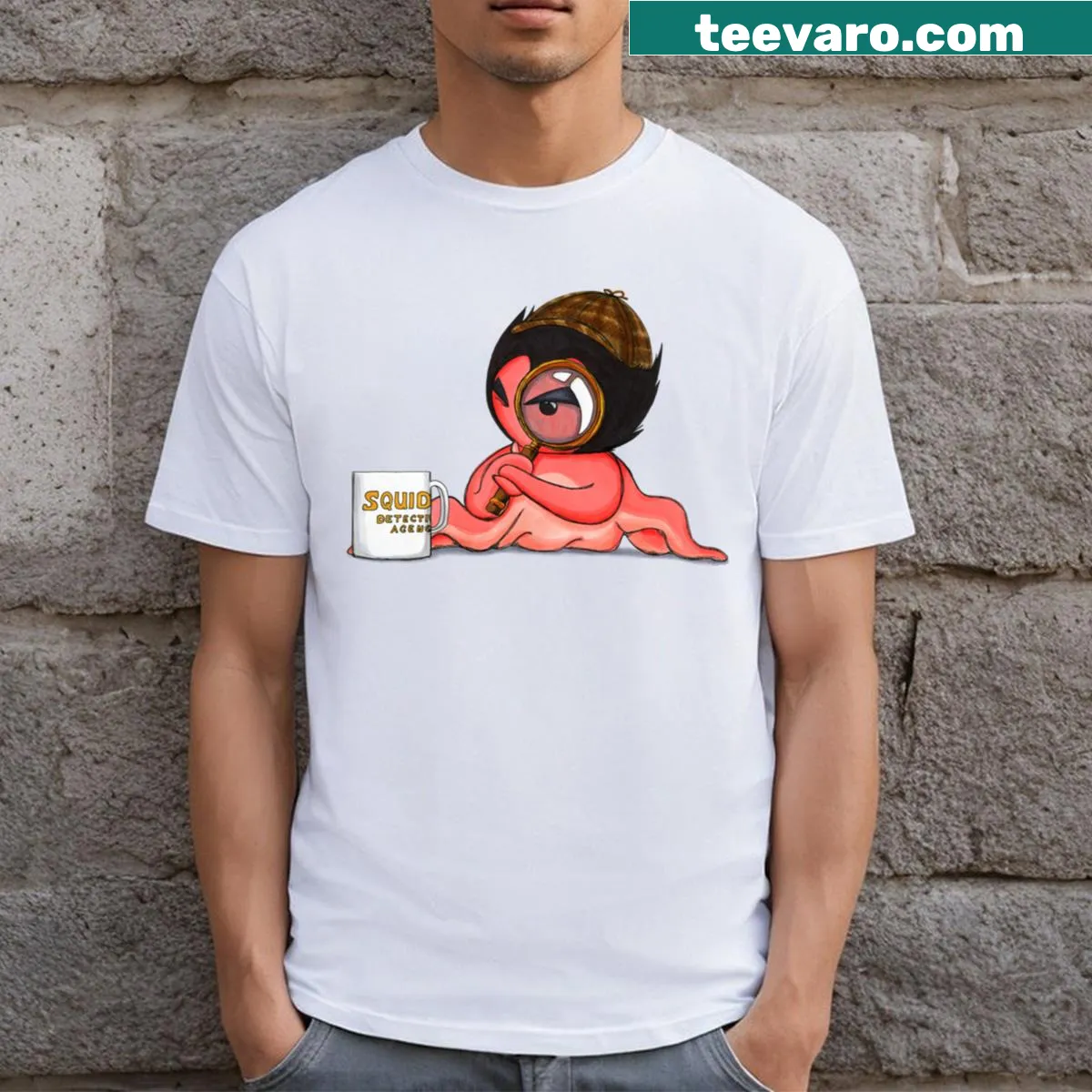 Cartoon illustration T-shirt featuring Detective Squidgeta character — on a men's t-shirt