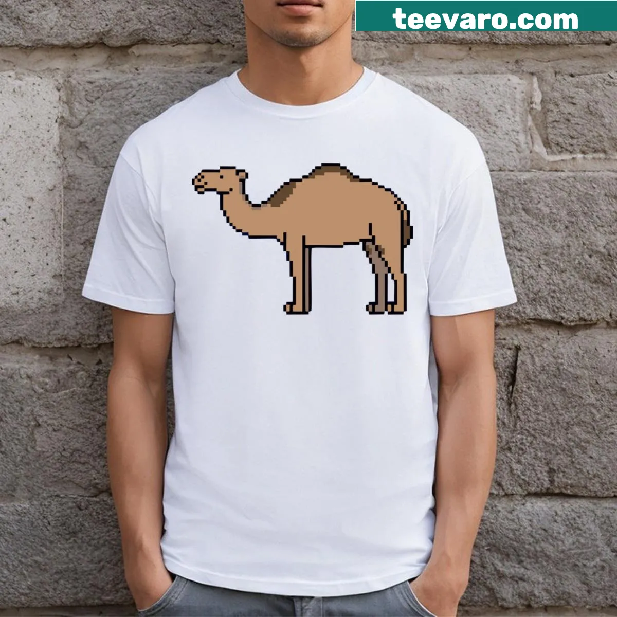 Pixelated dromedary camel illustration t-shirt — on a men's t-shirt