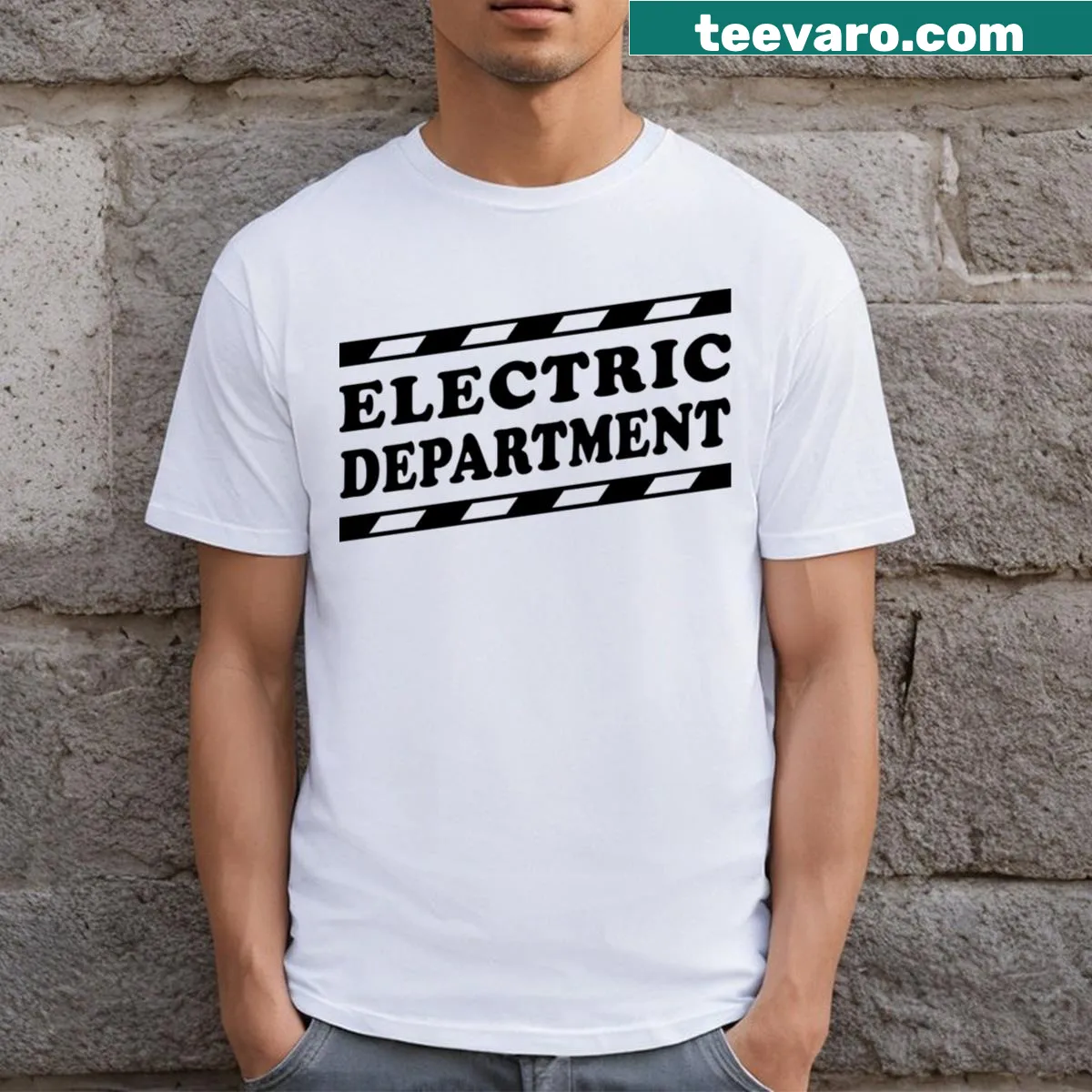 Illustrative t-shirt featuring a clapperboard design for electric department — on a men's t-shirt