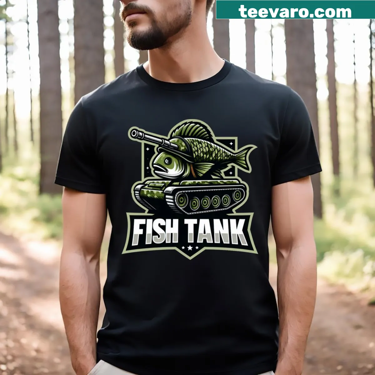T-shirt featuring a whimsical fish tank graphic, perfect for animal lovers. — on a men's t-shirt
