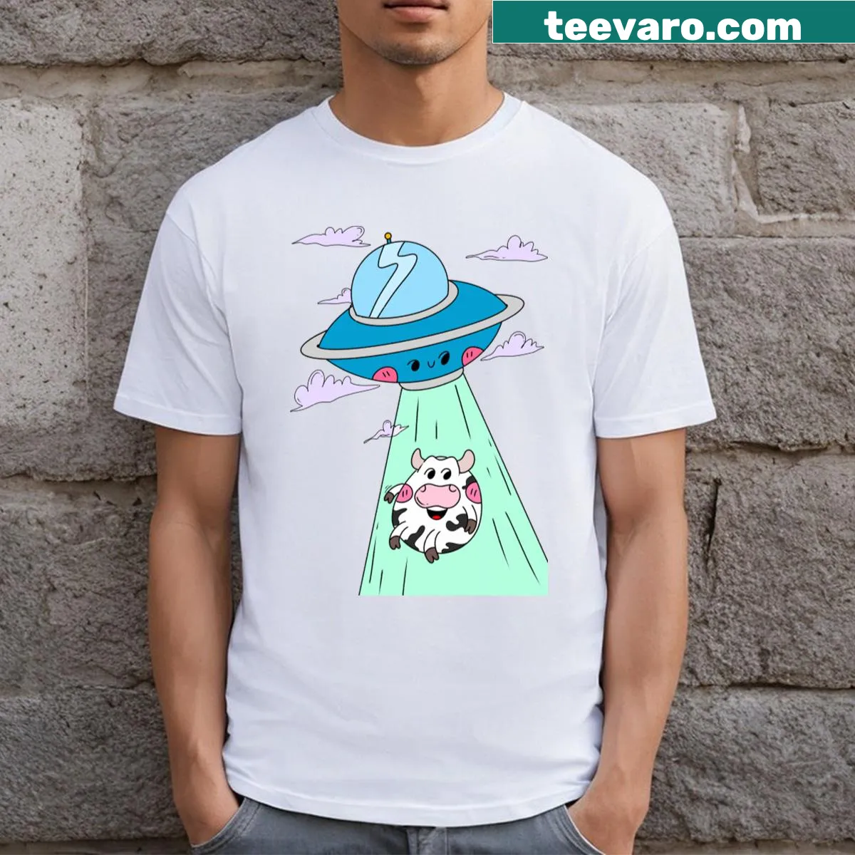 Cartoon Kawaii alien in a spaceship graphic on T-shirt — on a men's t-shirt