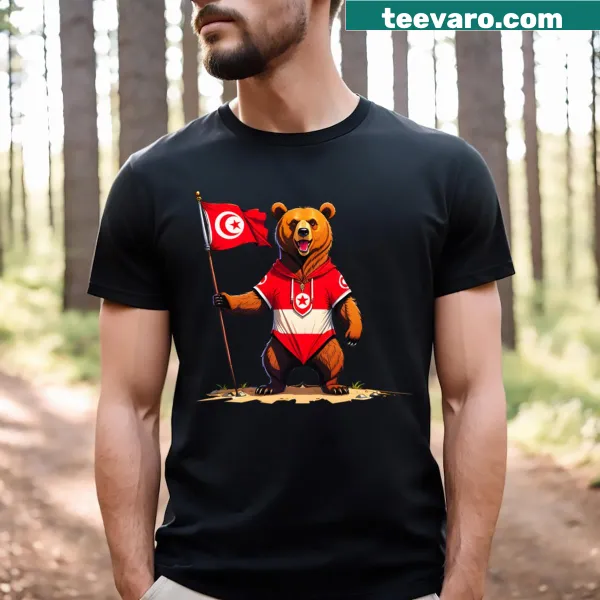 Cartoon bear wearing Tunisian flag on a humorous t-shirt