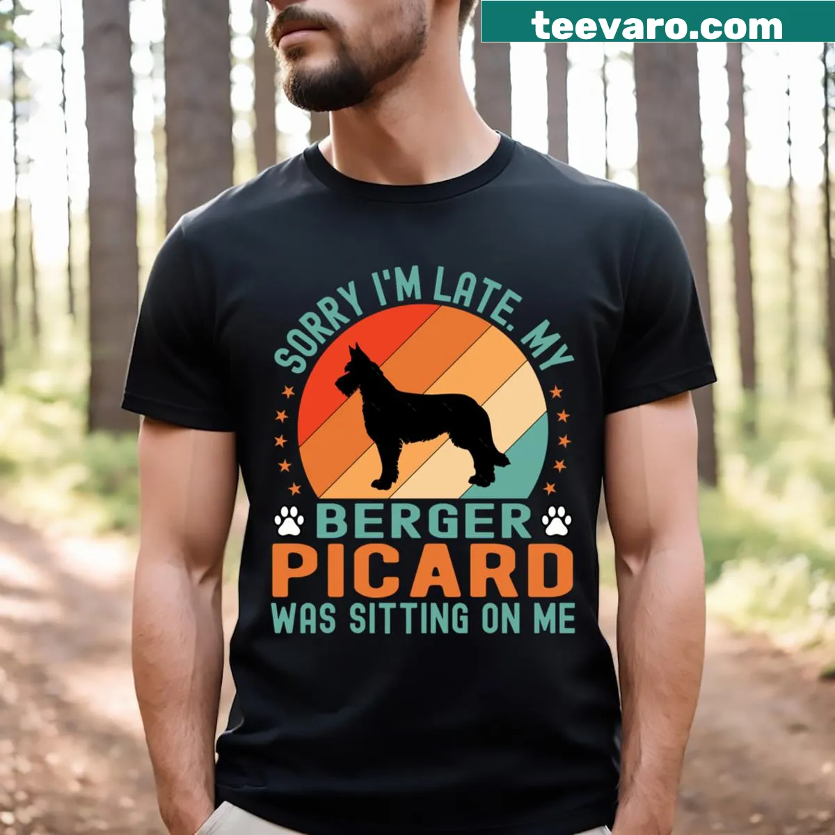 Cartoon image of a Berger Picard dog on a humorous t-shirt — on a men's t-shirt