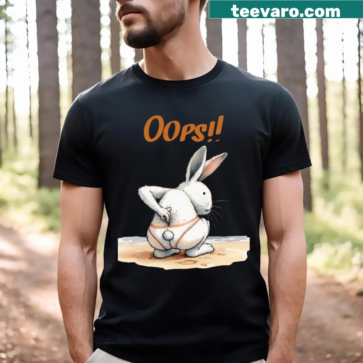 Cartoon bunny sticker design on a lighthearted t-shirt — on a men's t-shirt