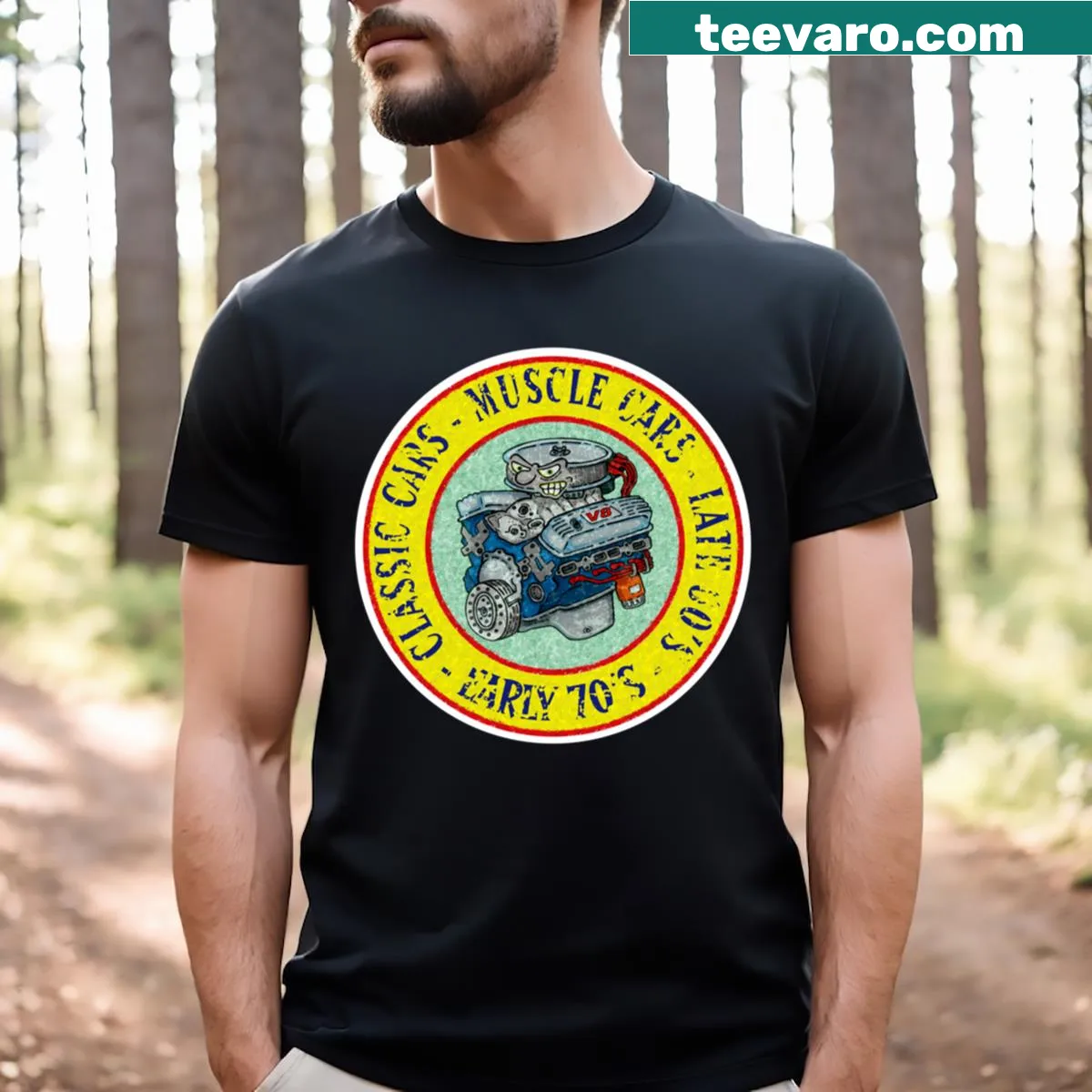 Cartoon stock car engine graphic on T-shirt — on a men's t-shirt