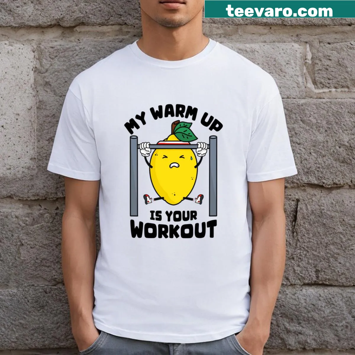 Playful illustration of a lemon doing calisthenics on a t-shirt — on a men's t-shirt