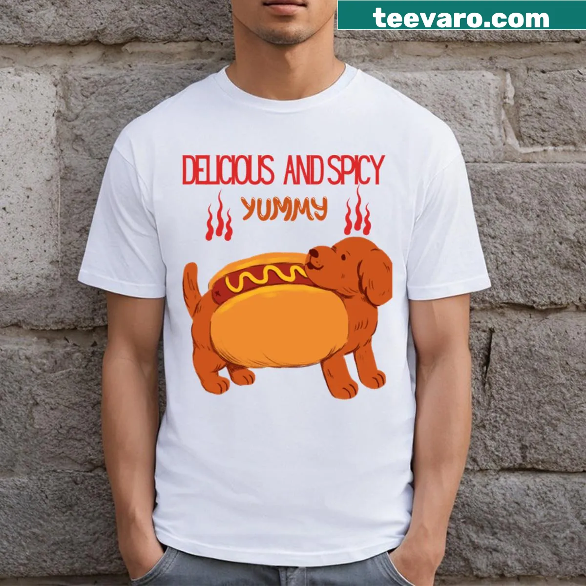 Fun T-shirt featuring a sandwich puppy design with playful text — on a men's t-shirt