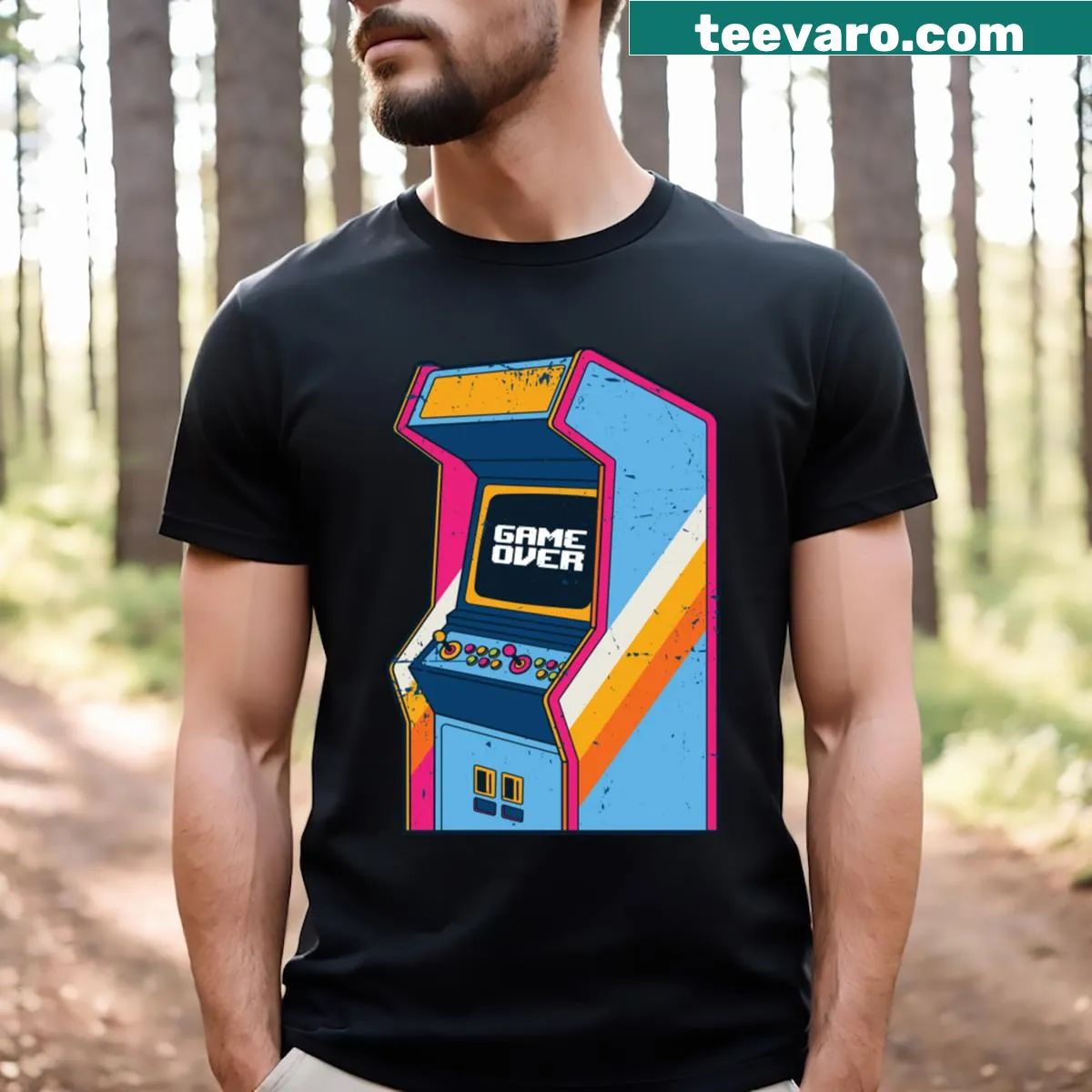 Game Over Retro Arcade T-shirt with grunge cartoon design — on a men's t-shirt