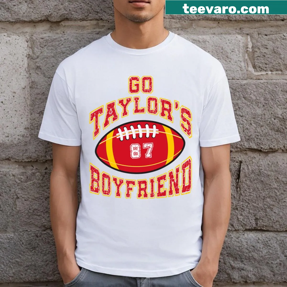 Funny football fantasy T-shirt with 'Go Taylor's Boyfriend' text — on a men's t-shirt