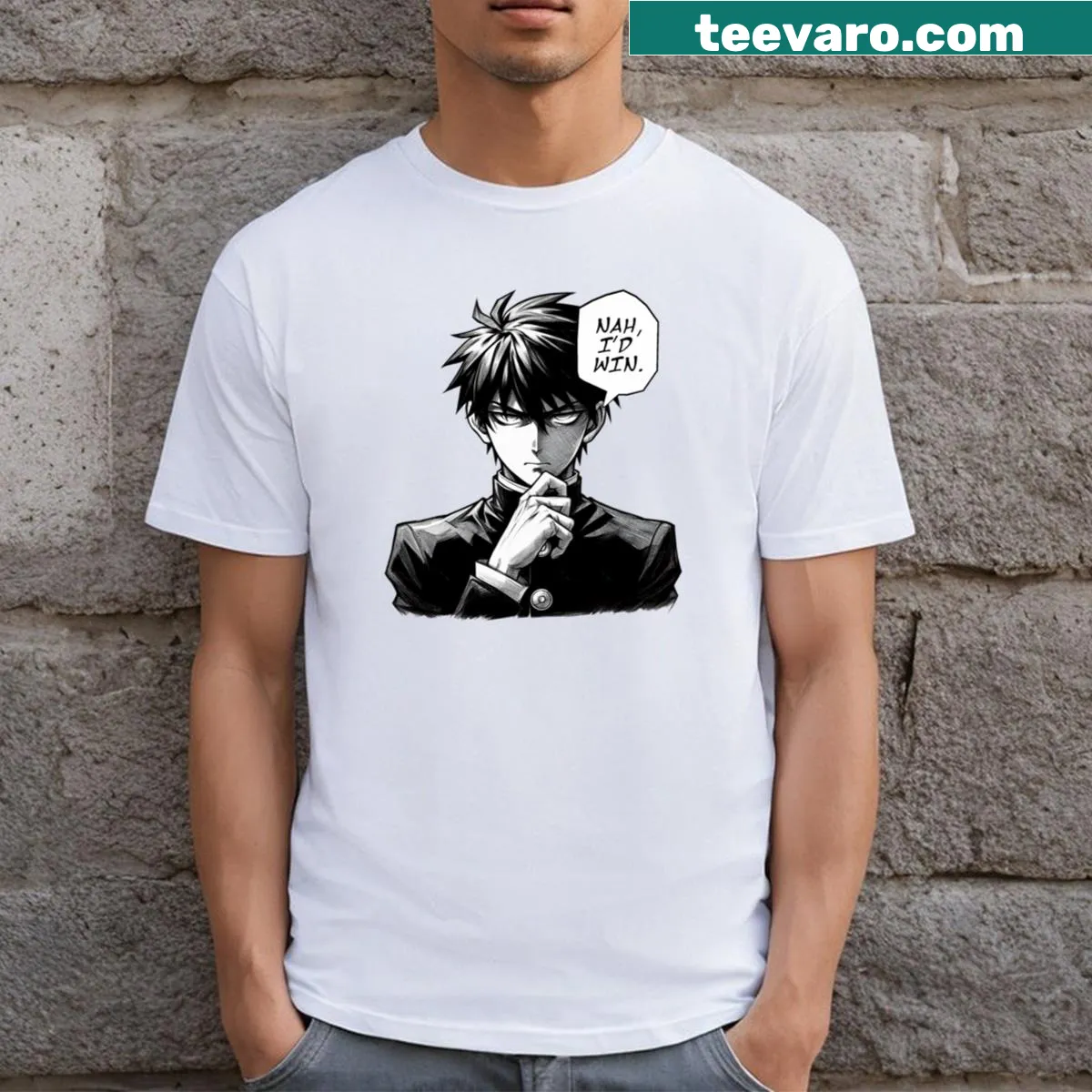 Illustration of Gojo Satoru with the phrase 'Nah, I’d win!' — on a men's t-shirt