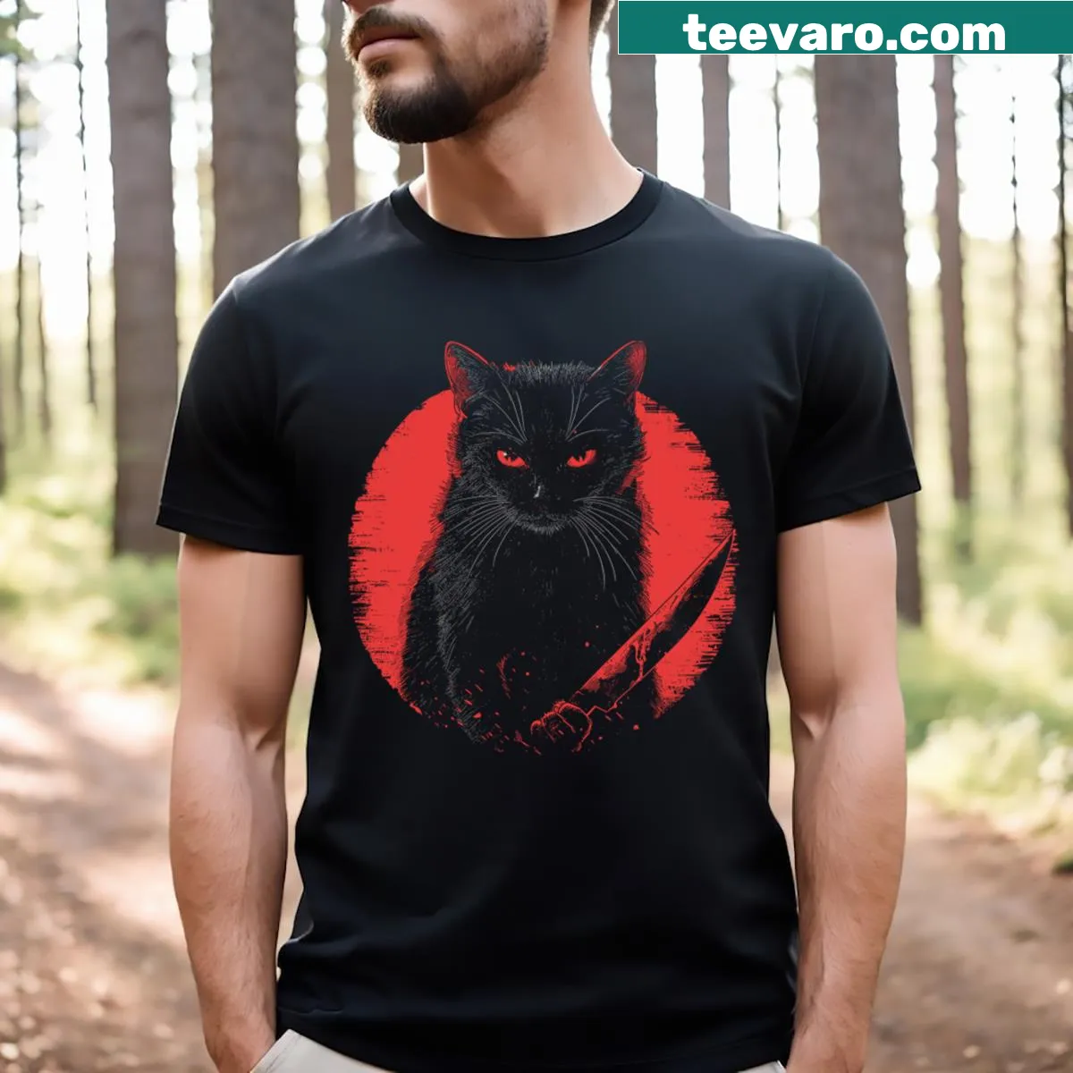 Illustration of a black cat with horror elements on a T-shirt — on a men's t-shirt