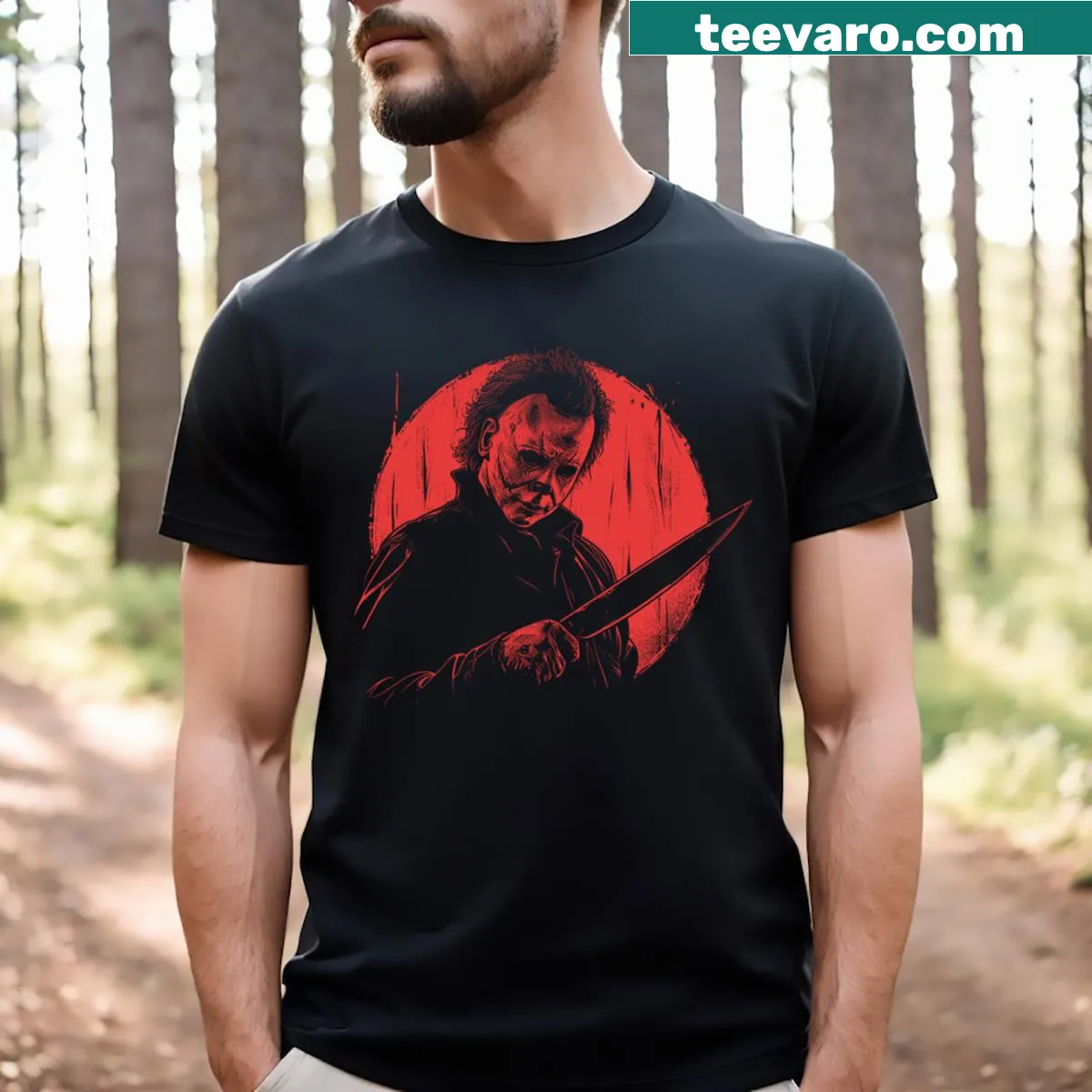 Graphic of Michael Myers from horror films on T-shirt — on a men's t-shirt