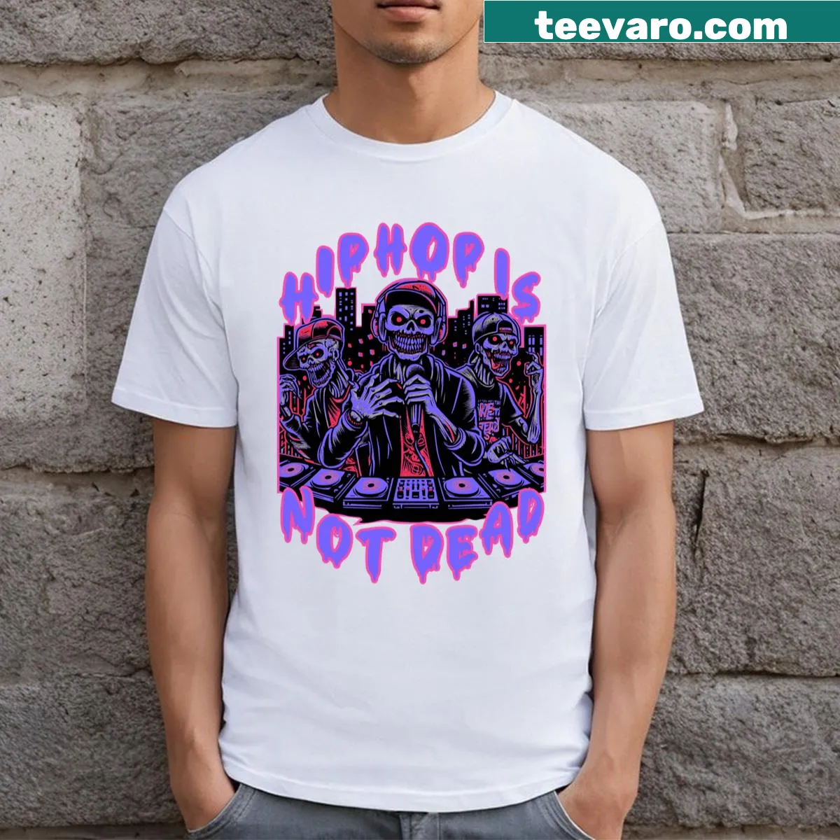 A humorous hip hop and zombie apocalypse themed graphic t-shirt — on a men's t-shirt
