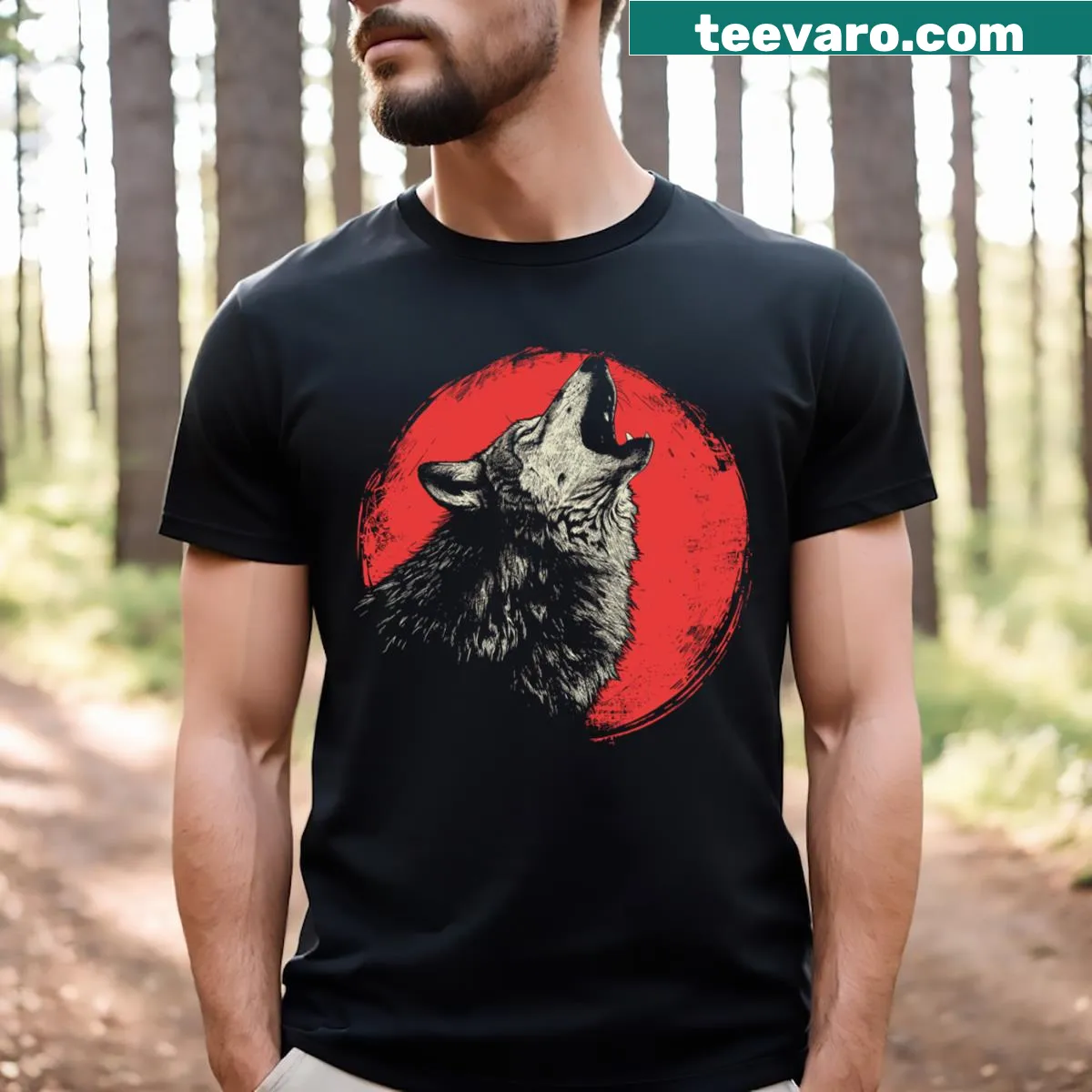 Wolf howling at the moon graphic on T-shirt — on a men's t-shirt