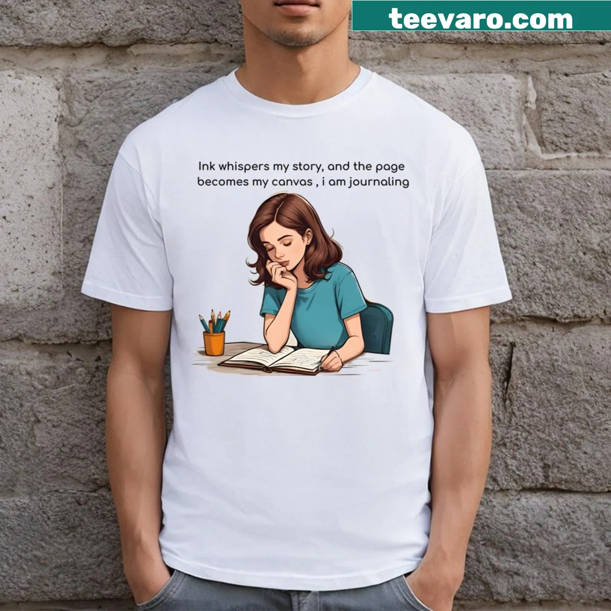 Charming T-shirt design featuring a girl with books and journals — on a men's t-shirt