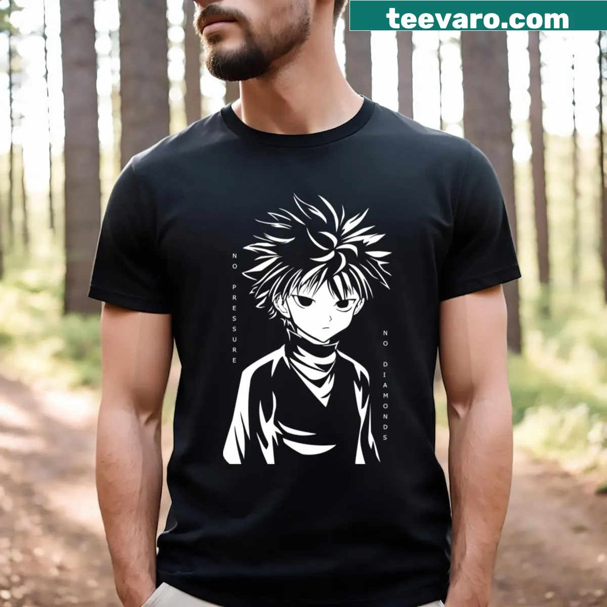 Inspirational typography design on Killua No Pressure No Diamonds t-shirt. — on a men's t-shirt