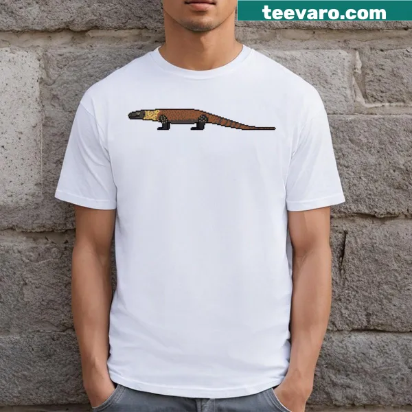 Pixel art of a Komodo dragon on a t-shirt
