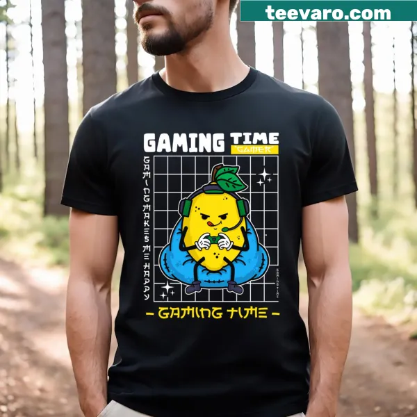 Funny lemon-themed gaming t-shirt with a controller graphic