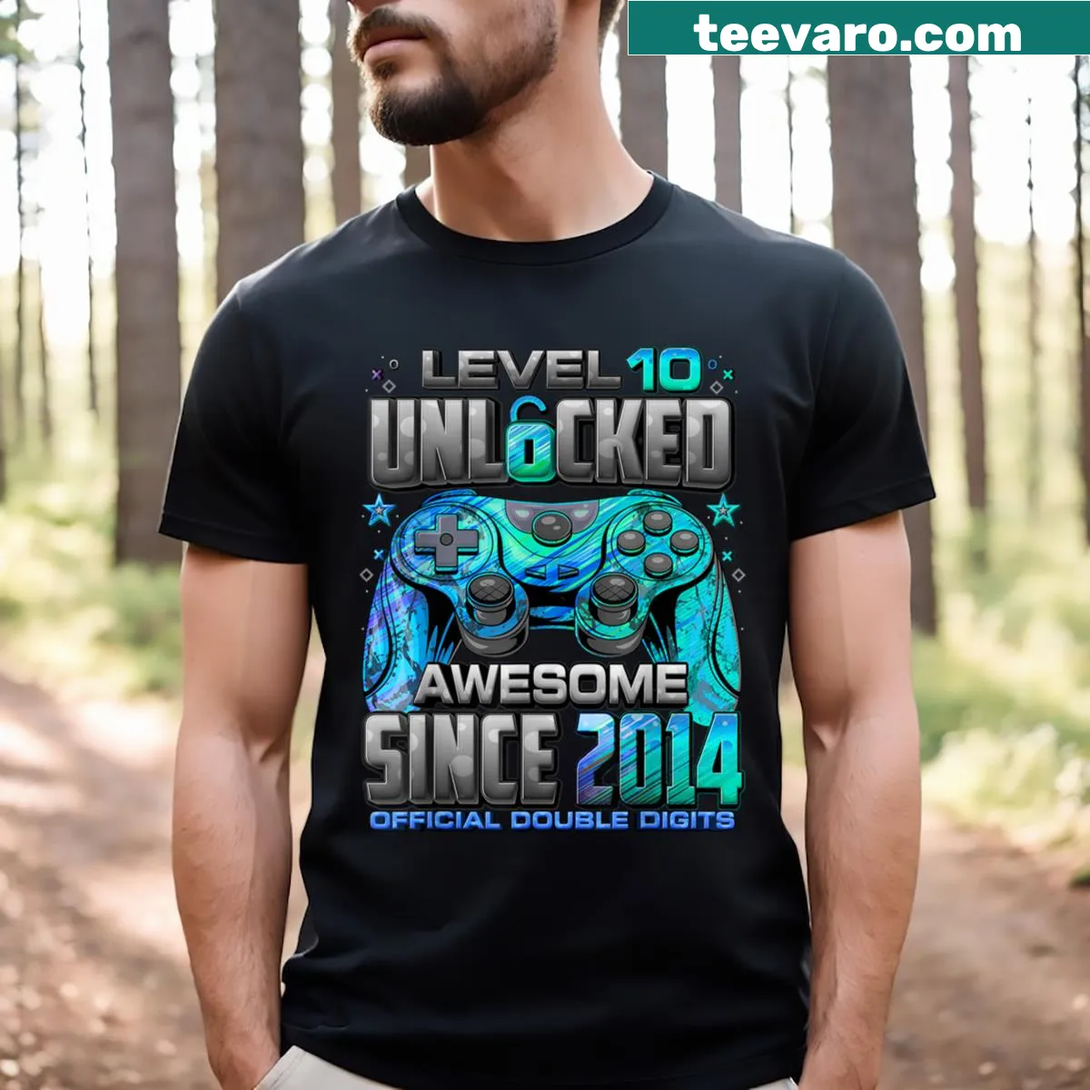 T-shirt with 'Level 10 Unlocked Awesome Since 2014' text and graphic — on a men's t-shirt
