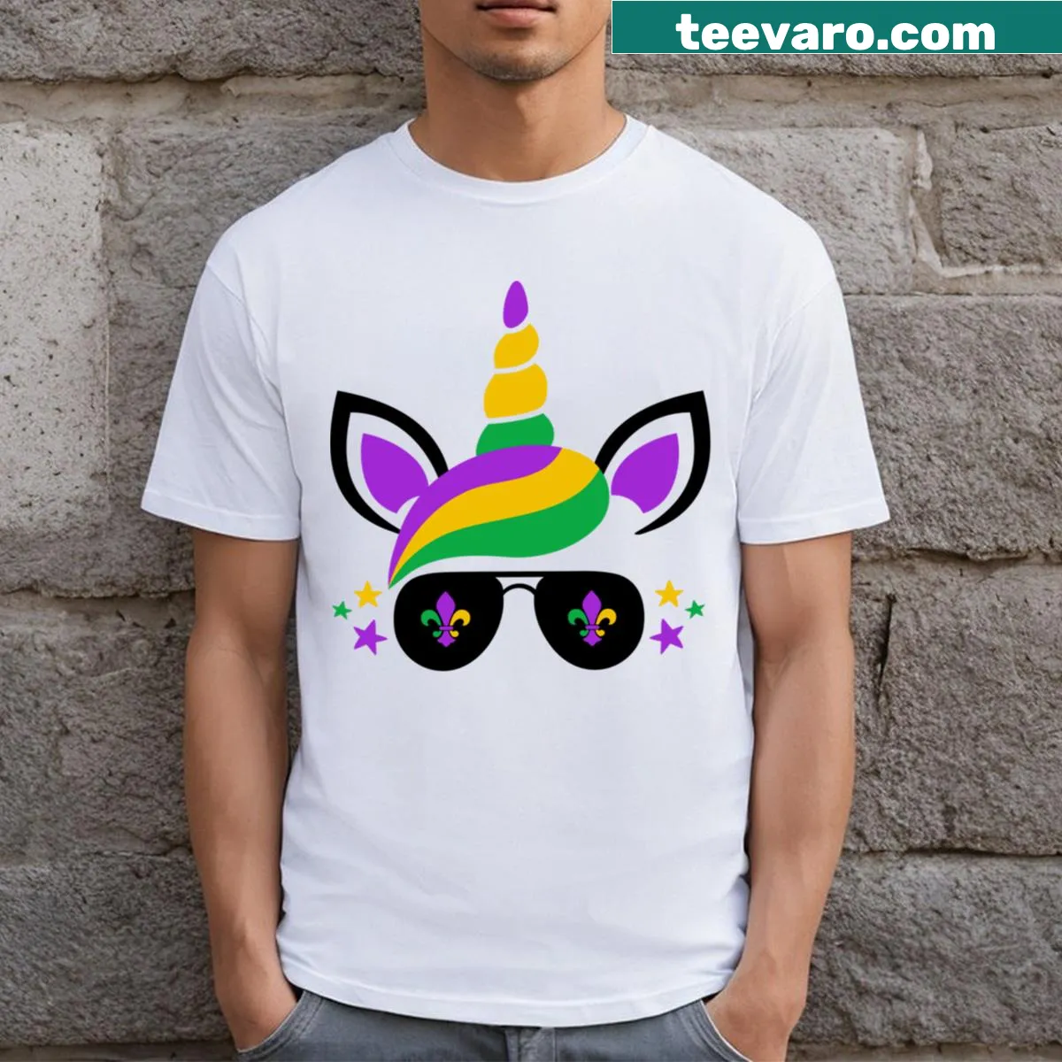 Mardi Gras themed unicorn t-shirt for celebrations — on a men's t-shirt