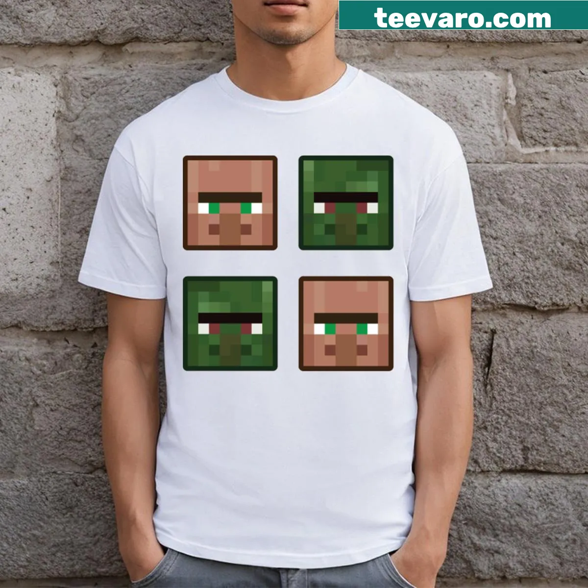 Compilation of Minecraft character faces on a t-shirt — on a men's t-shirt