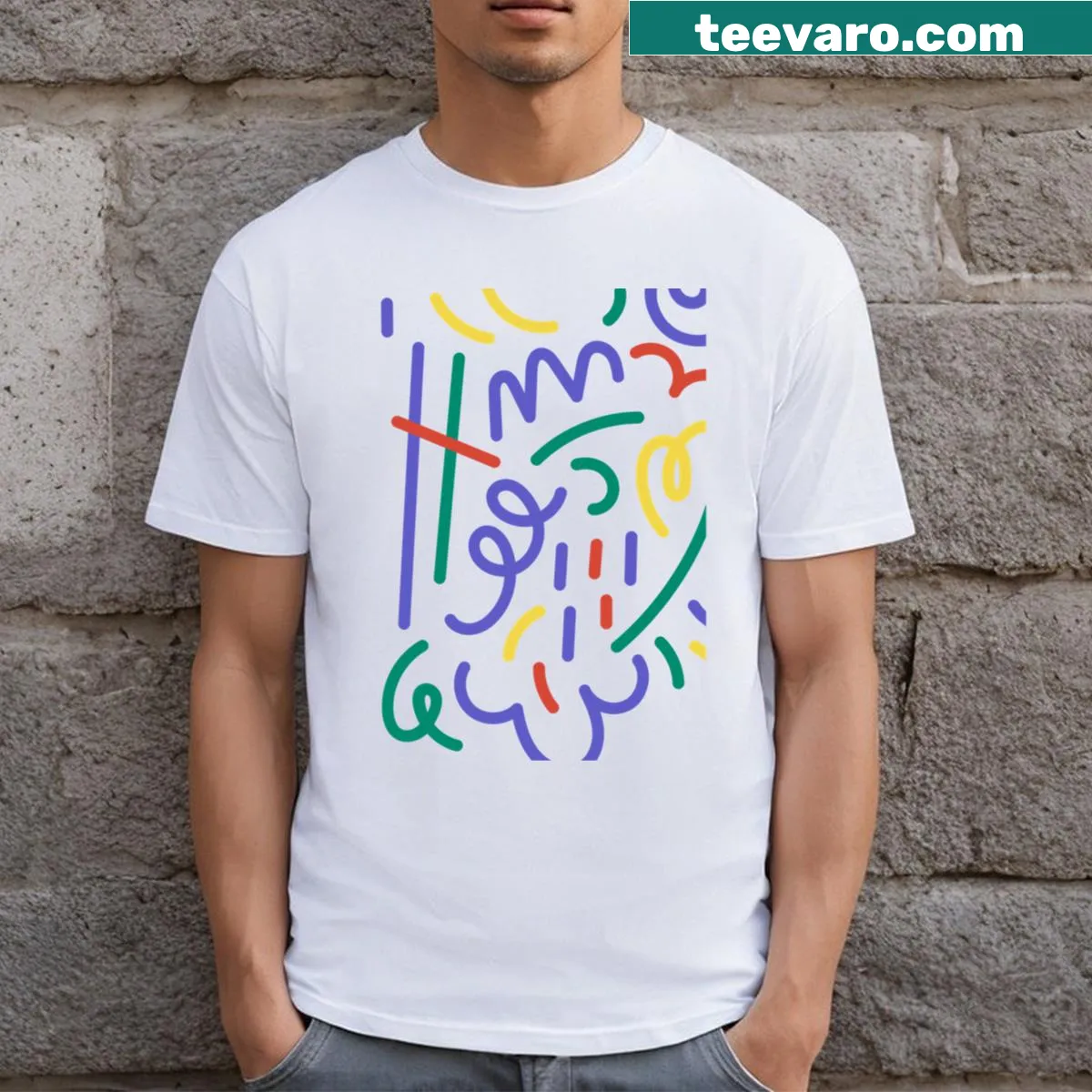 Abstract design T-shirt featuring various shapes and lines. — on a men's t-shirt