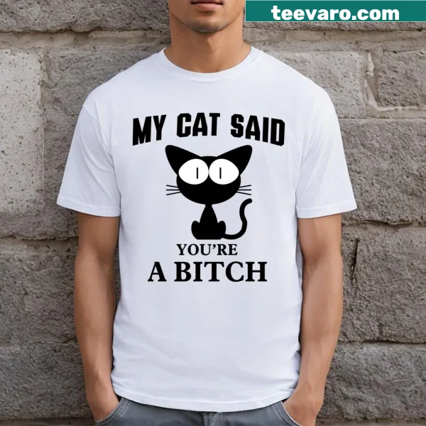 Funny cat-themed T-shirt with a humorous saying and illustrations.