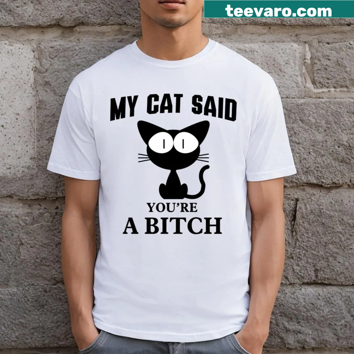 Funny cat-themed T-shirt with a humorous saying and illustrations. — on a men's t-shirt