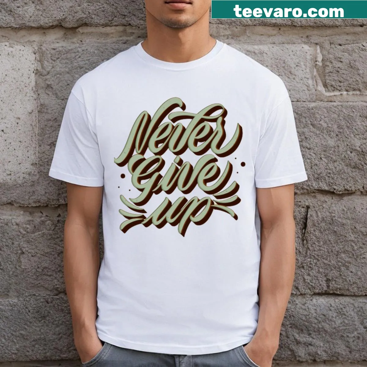 Inspirational 'Never Give Up' graphic on a T-shirt — on a men's t-shirt