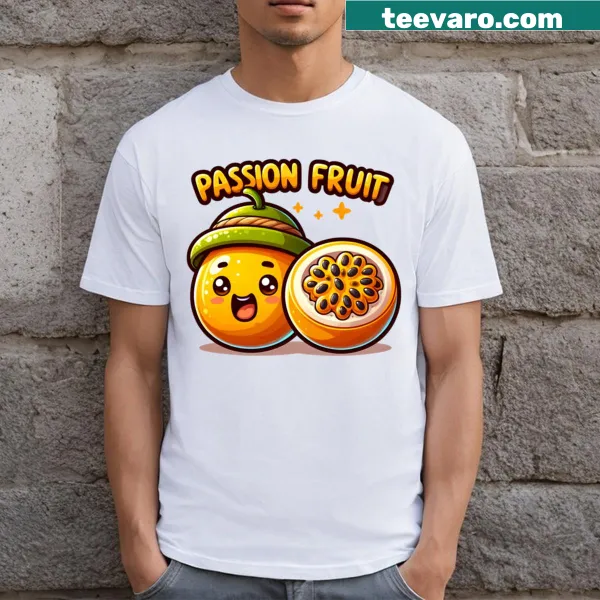 T-shirt featuring a playful illustration of passion fruit