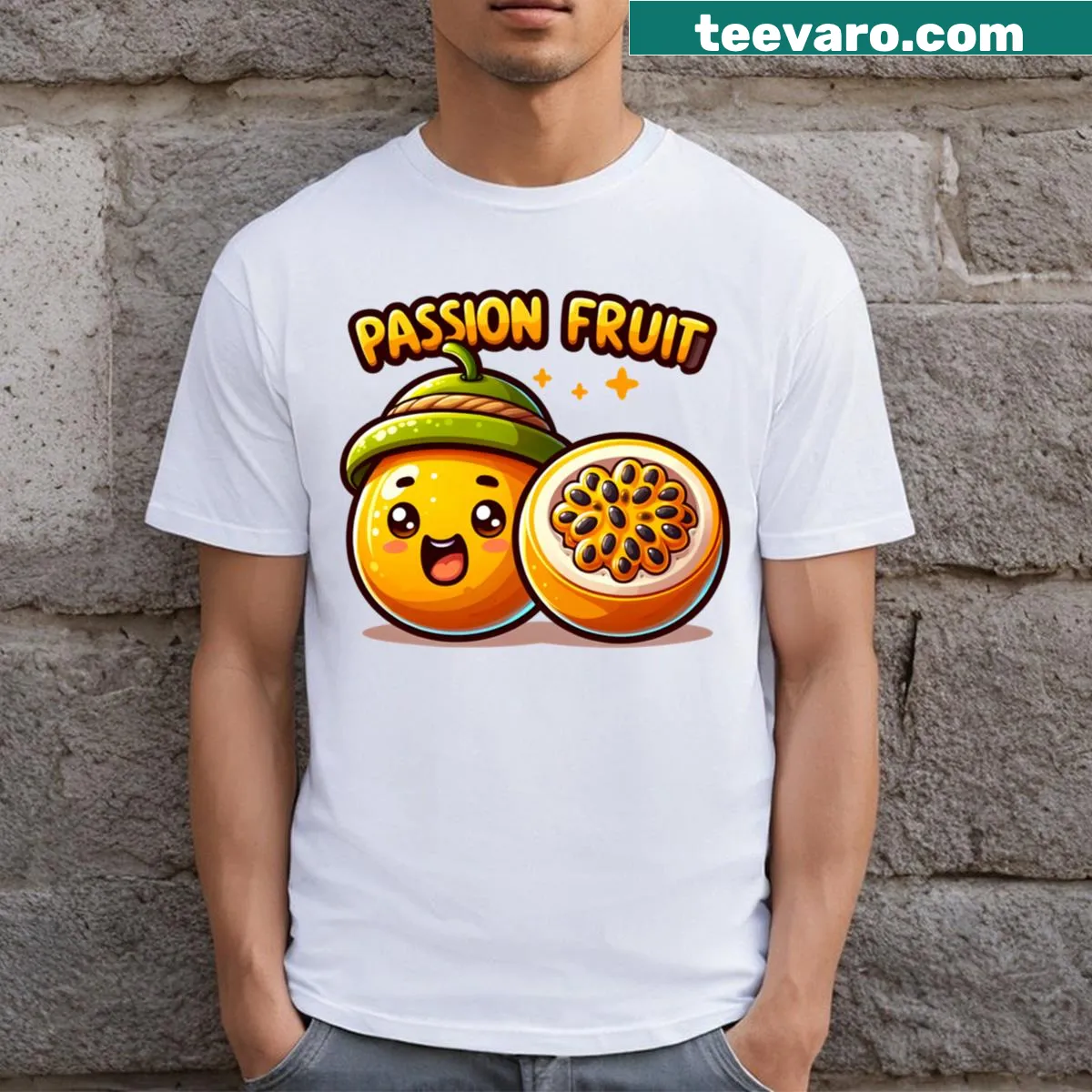 T-shirt featuring a playful illustration of passion fruit — on a men's t-shirt
