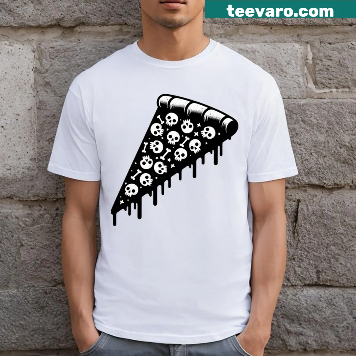 Creative illustration of pizza skulls on a t-shirt — on a men's t-shirt