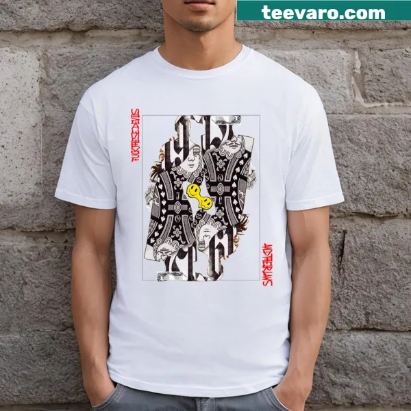 Graphic of playing cards with protest elements on a T-shirt