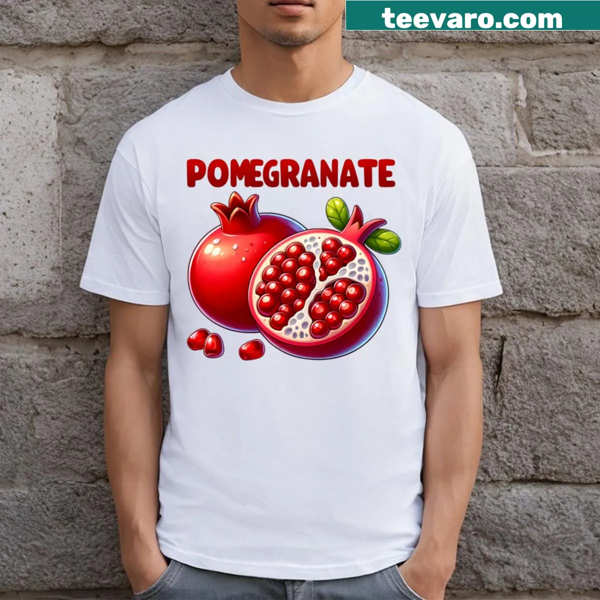 T-shirt with a graphic celebrating pomegranates — on a men's t-shirt