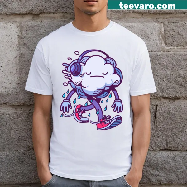 Illustration of a crying storm cloud with raindrops on t-shirt