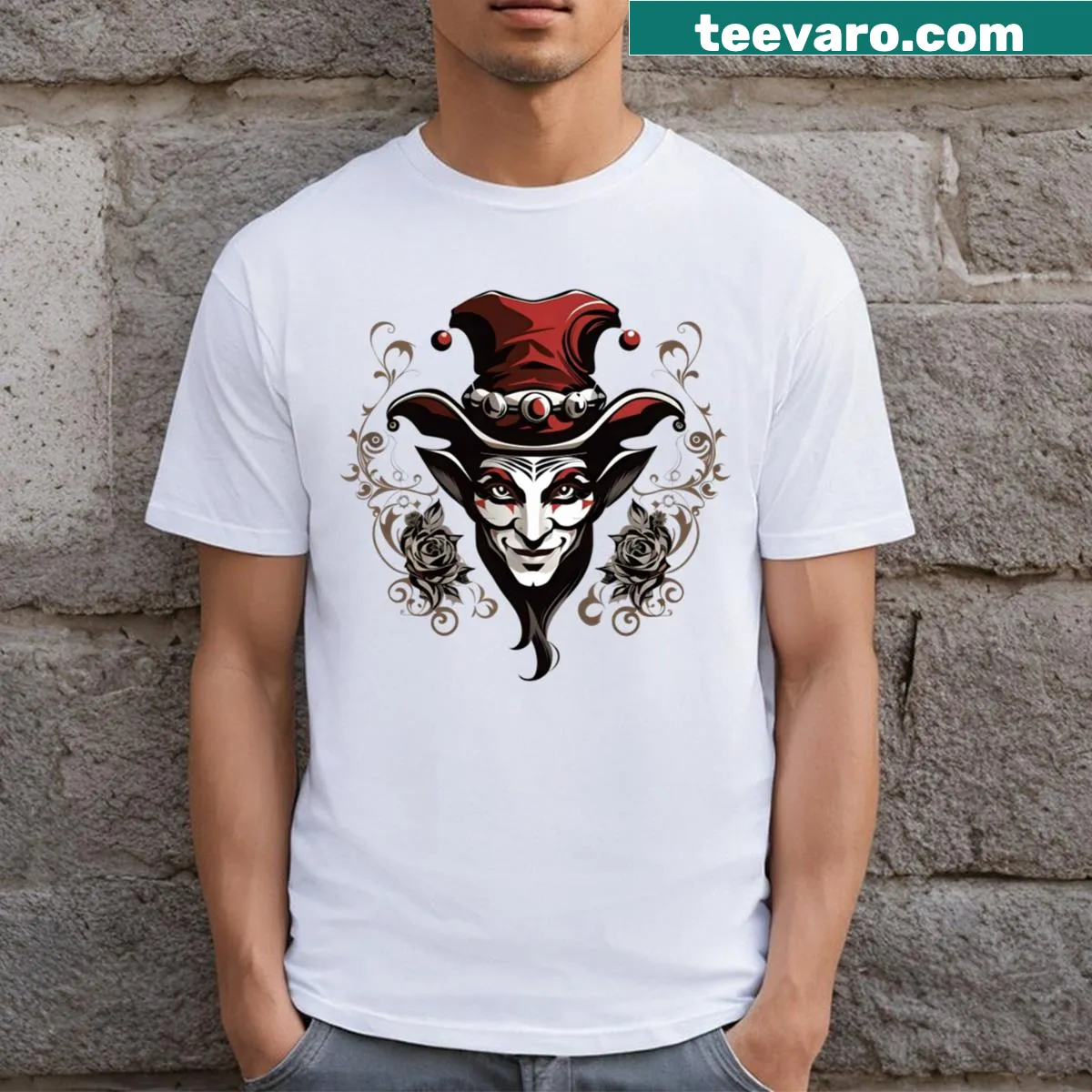 T-shirt featuring a chilling illustration of a sinister clown — on a men's t-shirt