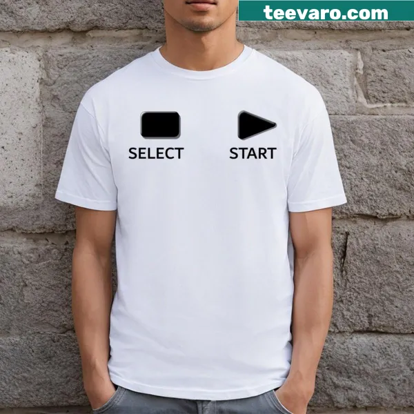 Playful graphic of a gaming start button on t-shirt