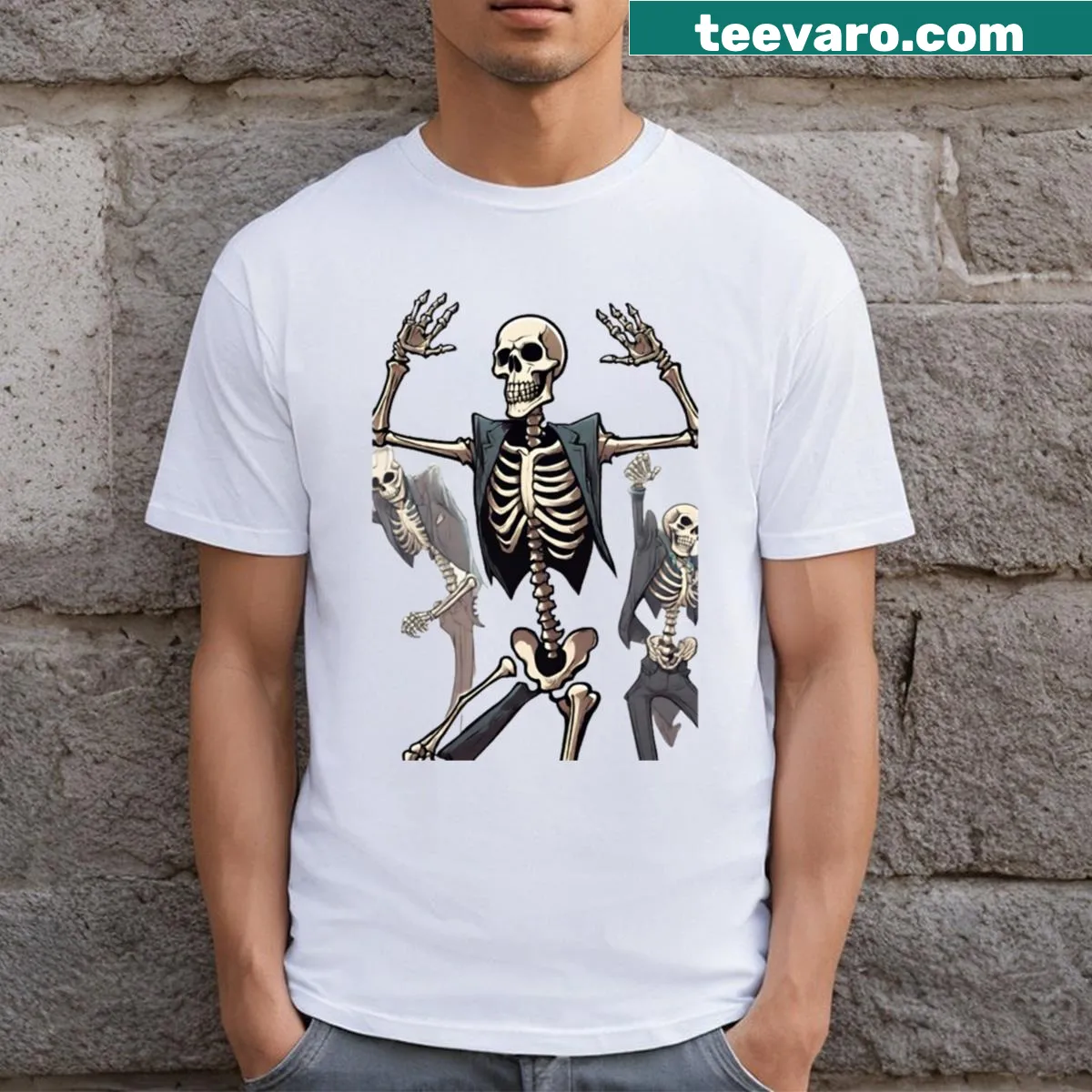 T-shirt with a playful skeleton graphic for Halloween — on a men's t-shirt