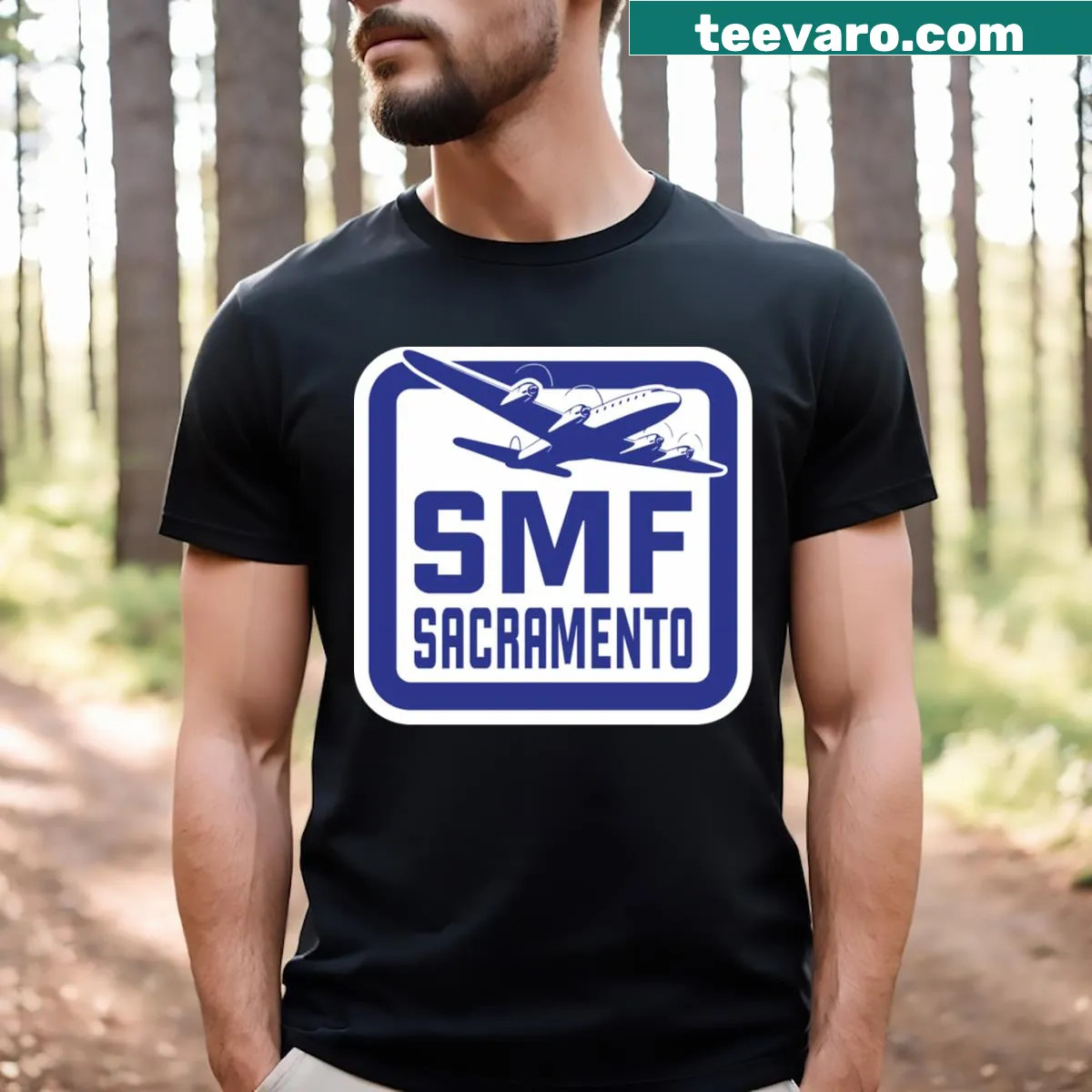 Sacramento airport tag t-shirt featuring the SMF code in blue — on a men's t-shirt