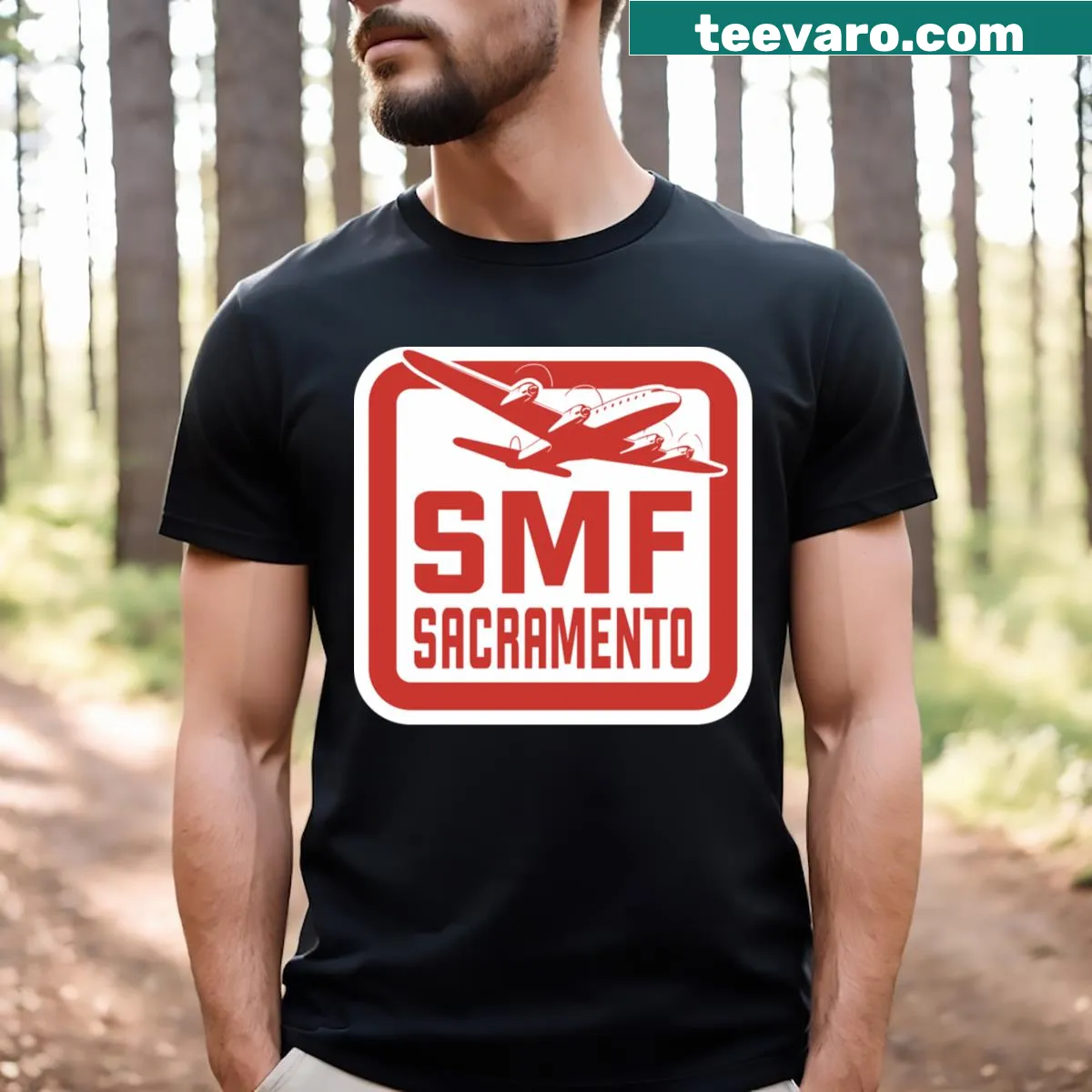Airport tag inspired T-shirt with 'SMF Sacramento California' design — on a men's t-shirt