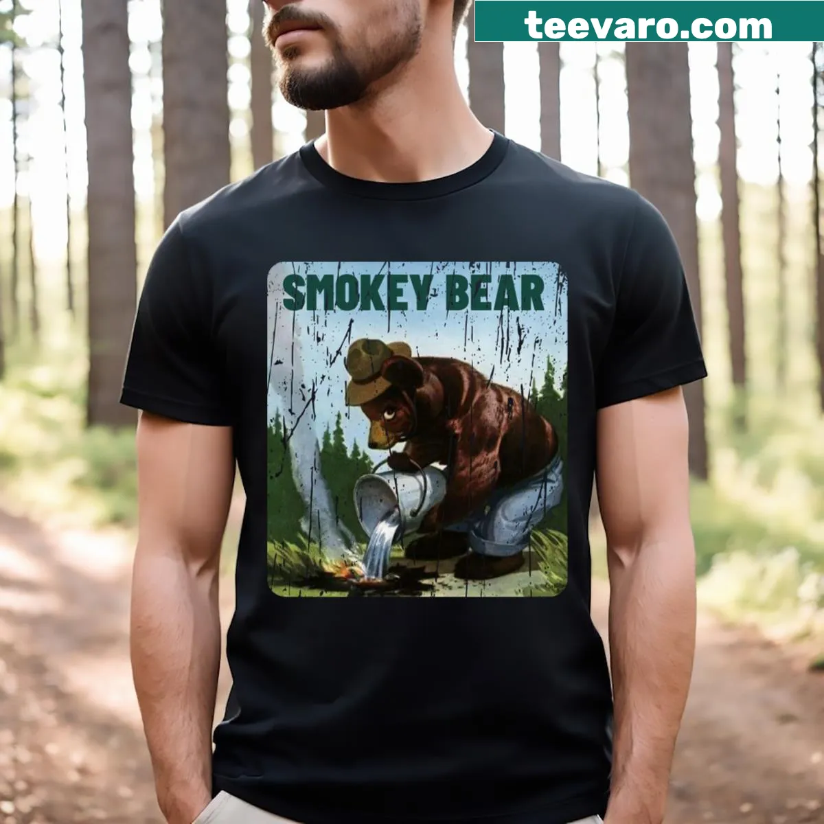 T-shirt featuring an illustration of Smokey Bear promoting fire safety — on a men's t-shirt